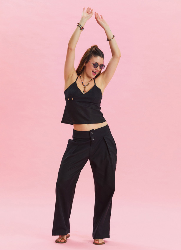 Pleated Bias Cut Buttoned Black Bohemian Trousers 4466